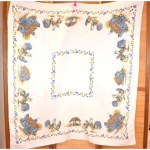 Vintage Tablecloth Blue Roosters Barn and Chicks 1960s